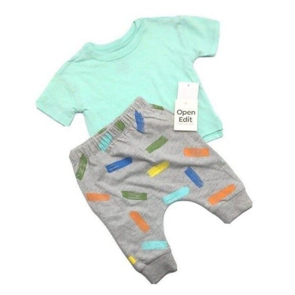Open Edit Nordstrom Baby Boy Clothes Top & Pants Set 6 Mo Green Multicolor NEW - Picture 3 of 9